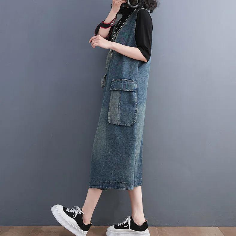 Летняя весна женская длинная одежда свободный пояс без рукавов джинсовые платья женские классические повседневные винтажные платья V-образный вырез юбка средней длины