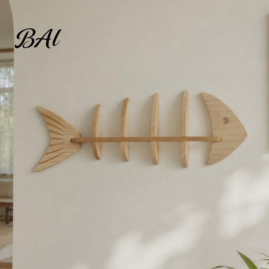 Japanese Minimalist Display Rack Fish Bone Storage Rack, Wood Wall Mounted Floating Shelf, Ocean Style Entryway Decorative Art for Bedroom Bathroom