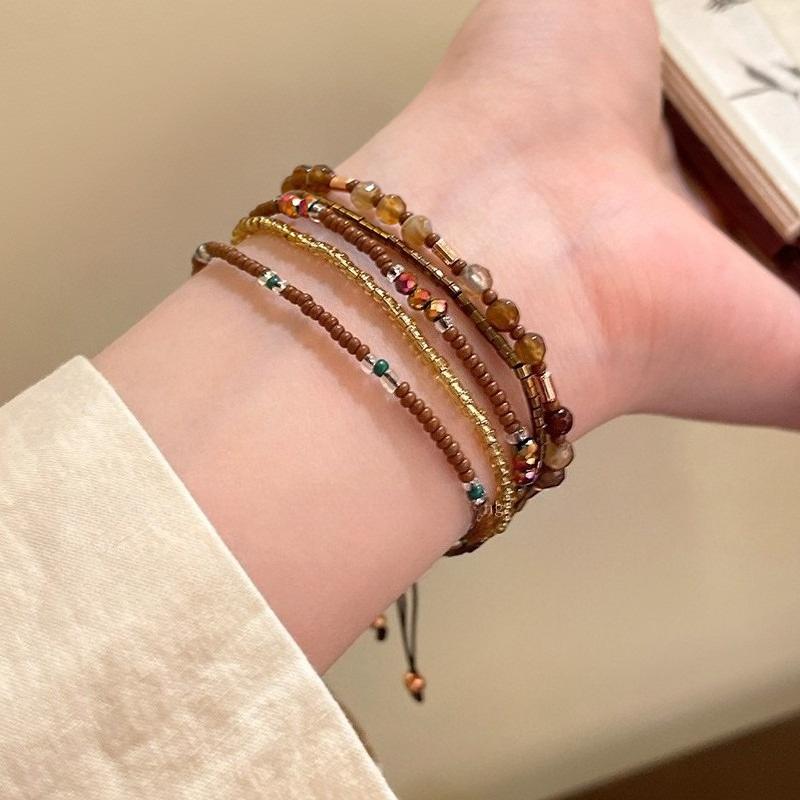 Богемный Экзотический Стиль Браслет из Бусин Ретро Этнический Стиль Плетеный Браслет из Кожи Коровы Нишевый Дизайн Персонализированные Украшения