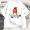 Octopus Orange Beanie Cotton T-shirt Japanese Style Graphic Tees Casual Cotton Short Sleeve Round Neck Tshirts Unisex Clothes