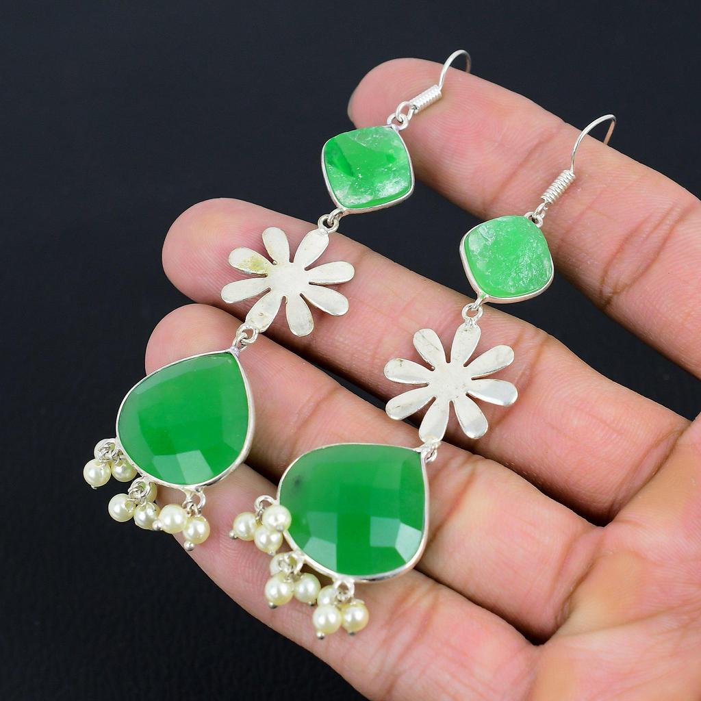 Mothers day Deal Sterling Silver Pear Green Chalcedony Stone Dangle New Earrings