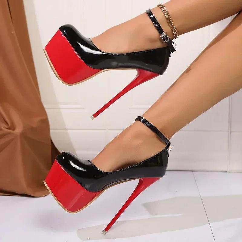 Модные розовые туфли-лодочки на шпильке для женщин больших размеров, туфли на очень высоком каблуке для женщин, туфли для вечеринок с ремешком на щиколотке из лакированной кожи 45