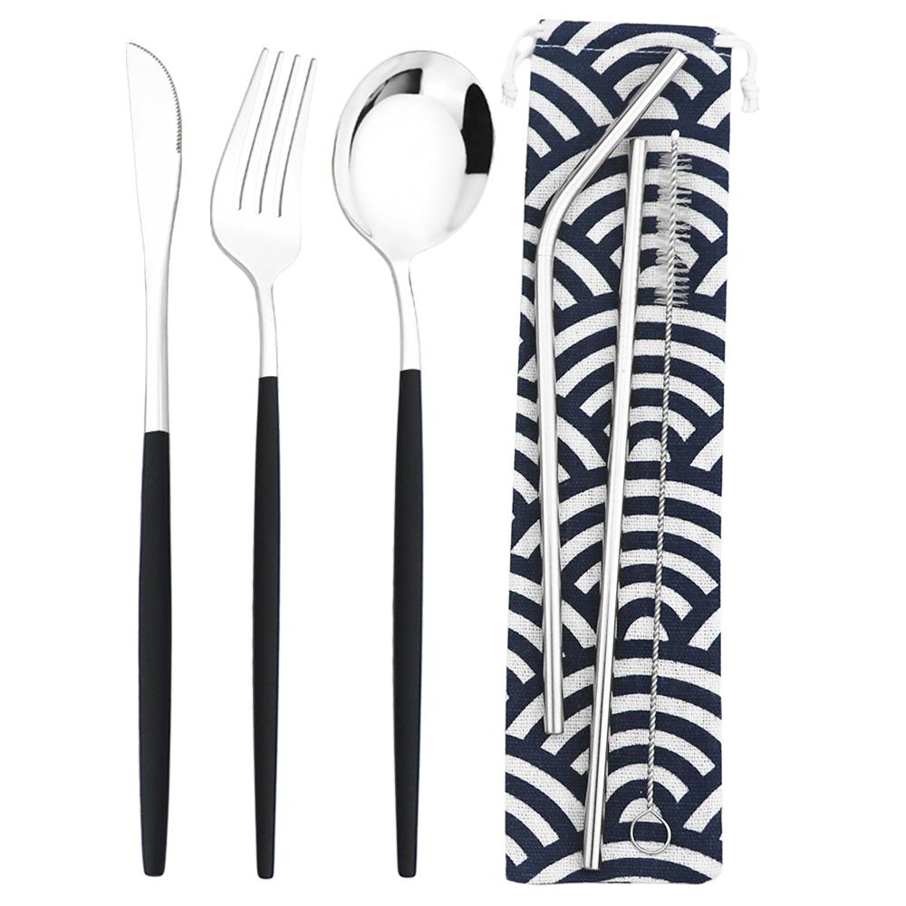 6 шт., набор столовых приборов для кемпинга, дорожный набор столовых приборов, нож, вилка, ложка, соломинка с портативной сумкой, набор посуды из нержавеющей стали