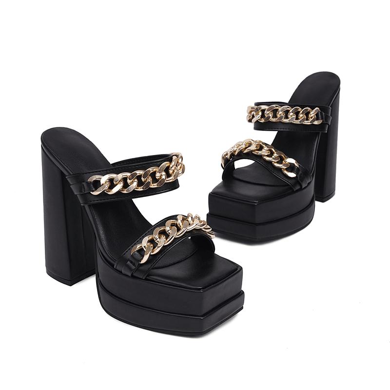 Sexy High Heels Women Slippers Platform 2025 Summer Slides Mules Shoes Party Dance Chain Black Red Sandals Large Size Brand