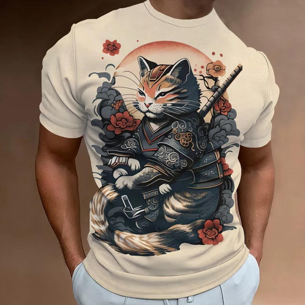 New Retro Men 2024 Fashion Oversized Men's Clothing Quick Drying T-shirt Top T-shirt 3d Samurai Cat Print Short Sleeve T-shirt