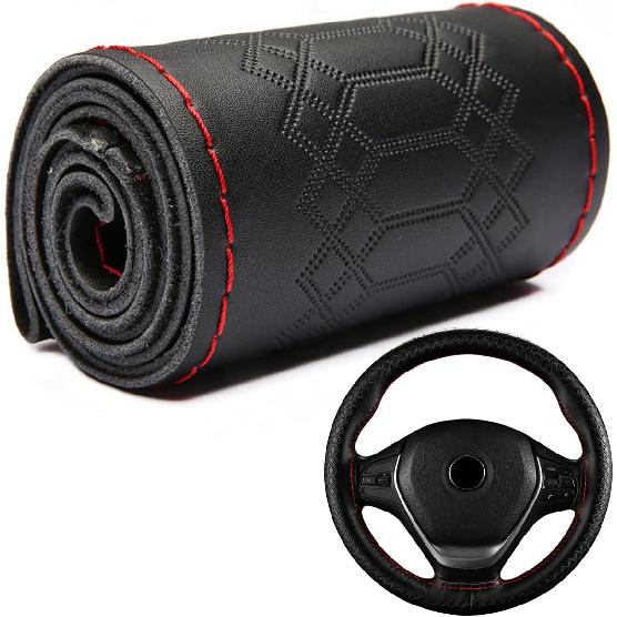 DEEYOTA Car Steering Wheel Cover Universal Fit Round Stitch Steering Wheel Wrap Thin PU Leather Steering Wheel Cover Sewn On 15" Car Wheel (Black)