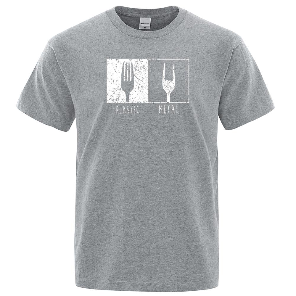 Узор из повседневных предметов Металлическая пластиковая вилка Футболка Хлопок Короткий рукав Мужские футболки Панк Хип-хоп Футболки Винтажная уличная одежда