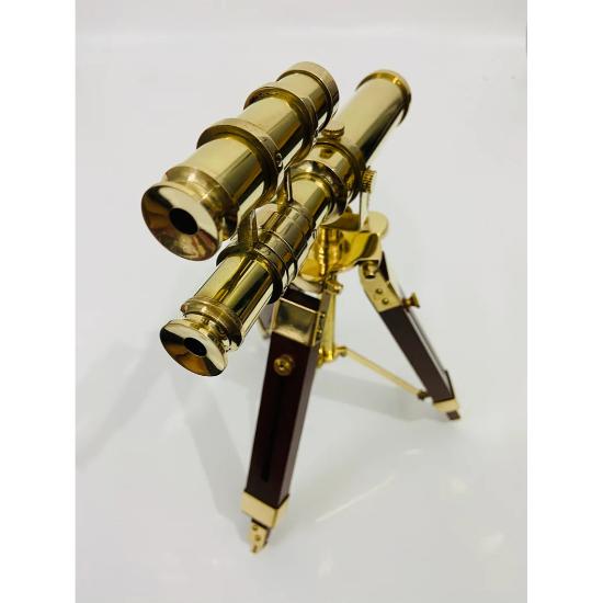 Nautical Brass Double Barrel Telescope With Wooden Tripod Stand - Vintage Navy Ship Telescope - Marine Spy Glass Telescope
