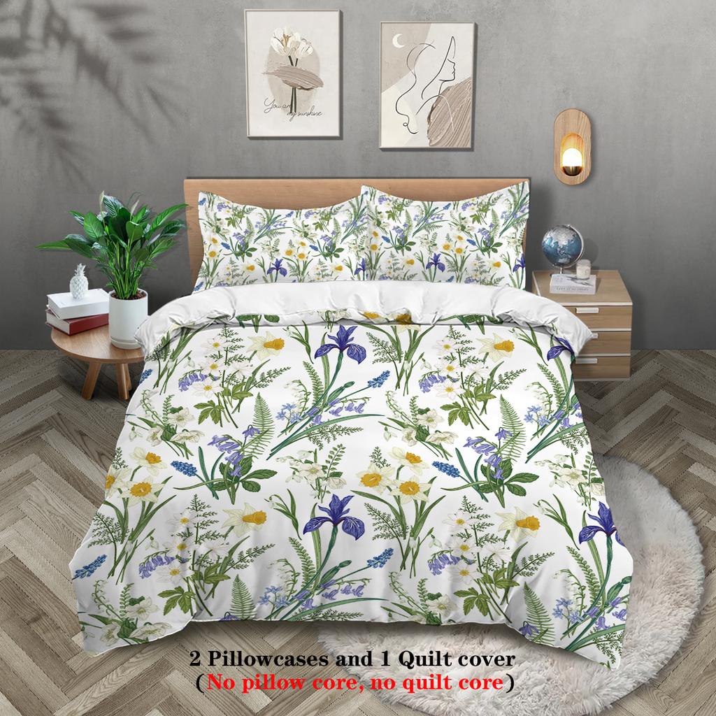 3pcs Plants Pattern Printed Bedding Set,soft and Comfortable, 1*duvet Cover+2*pillowcase, Suitable for Women and Adult's Bedroom
