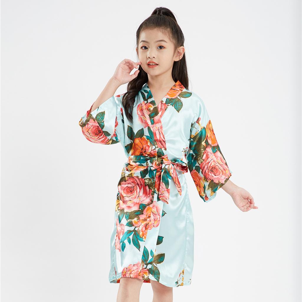 Children's Bathrobe Comfortable and Elegant Temperament Simulation Silk Sleeping Robe Sateen Children's Hand-painted Peony Baby Walking Robe