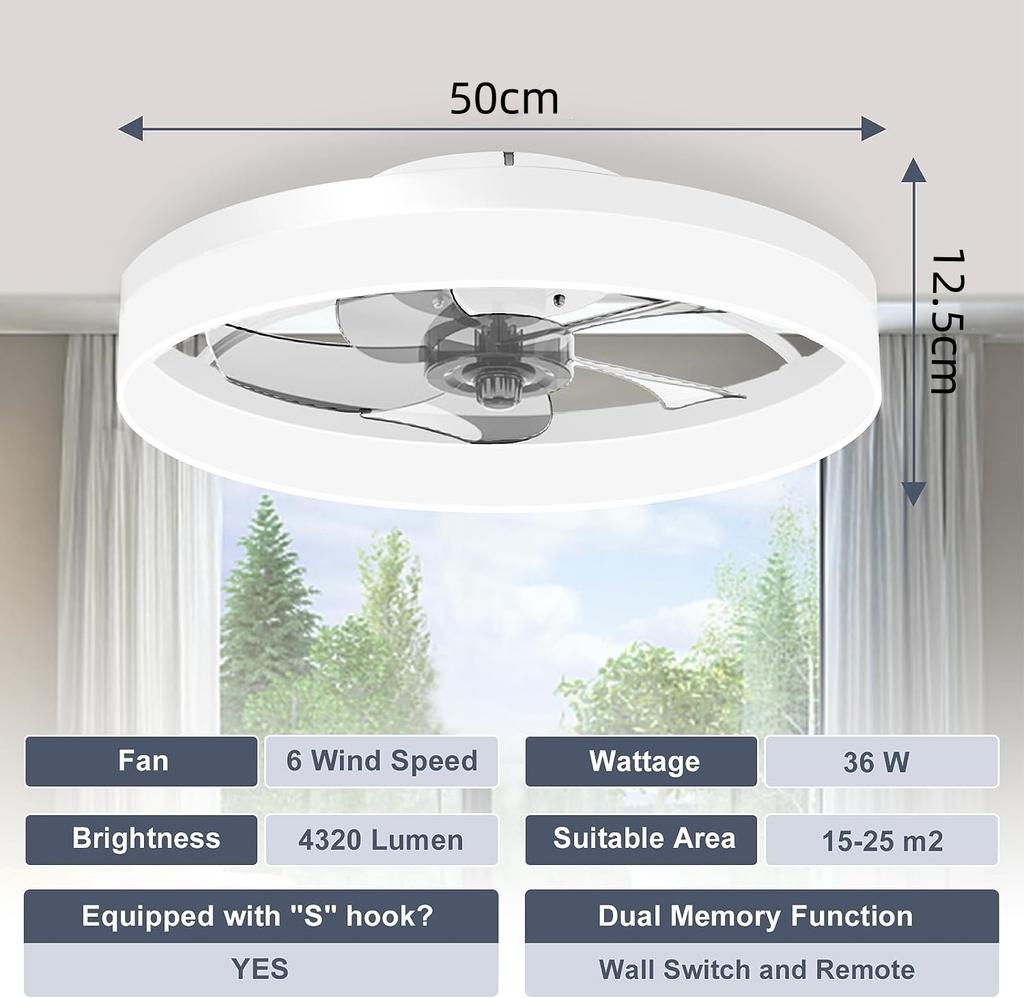 Ceiling Fan with LED Light, Remote Control Six-speed Fan Adjustment, Suitable for Bedroom, Kitchen and Guest Ceiling Fan Lights