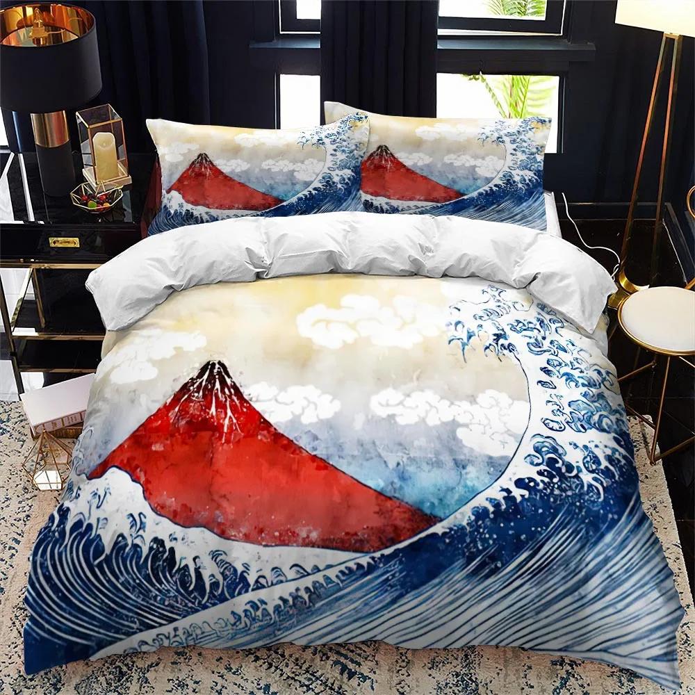 Japanese-Style Duvet Cover Set King Queen Full Size Ukiyo-e Theme Wave Pattern Polyester Bedding Set Fuji Mountain Exotic Style