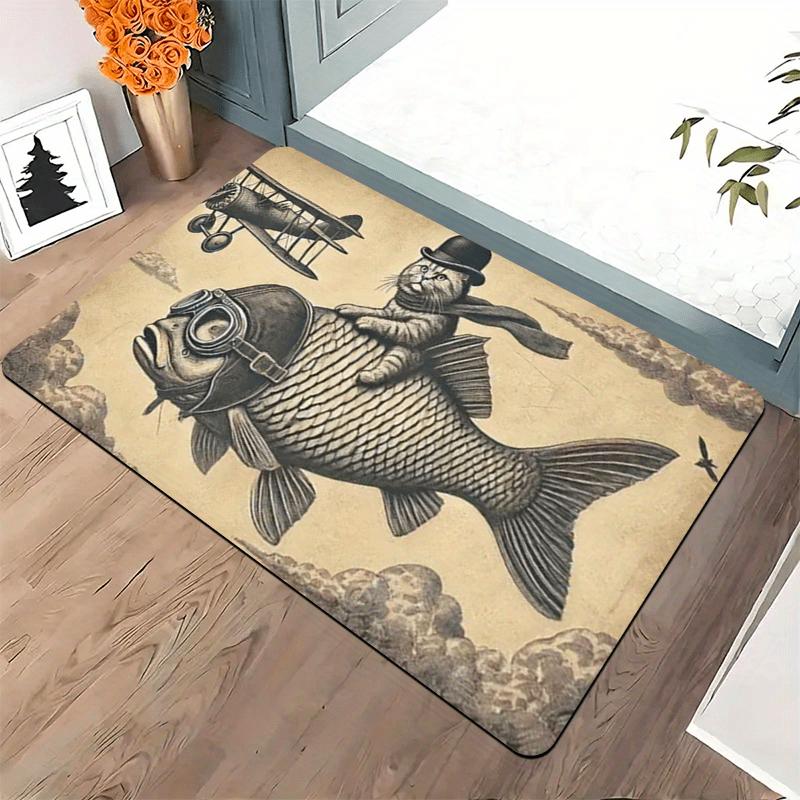 Retro Flying Fish and Cat Patterned Doormat - Non-Slip, Machine Washable, Abstract Art Style Rug, Suitable for Entryways, Bathro