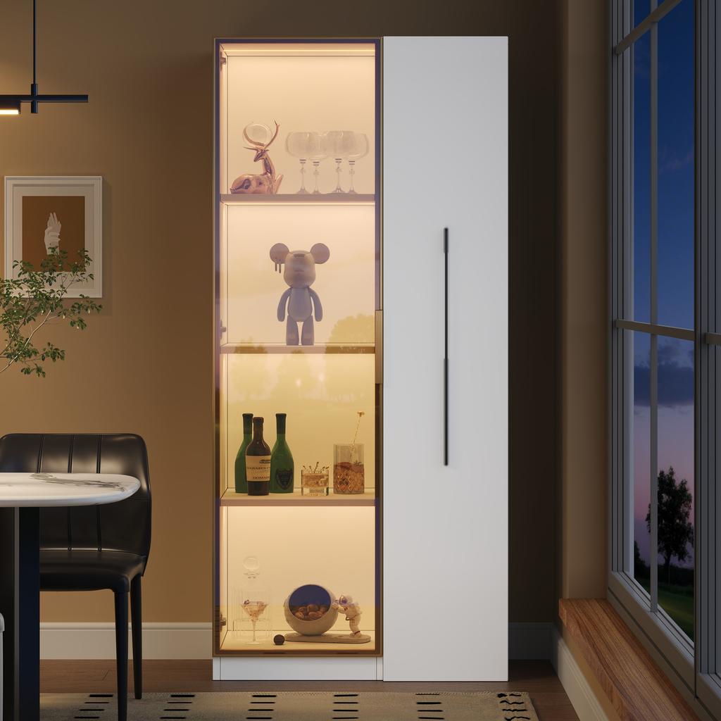 70×40×160cm display cabinet with glass doors, side drawers and LED lighting. Display and storage furniture – wine cabinet, bookshelf, dining cabinet