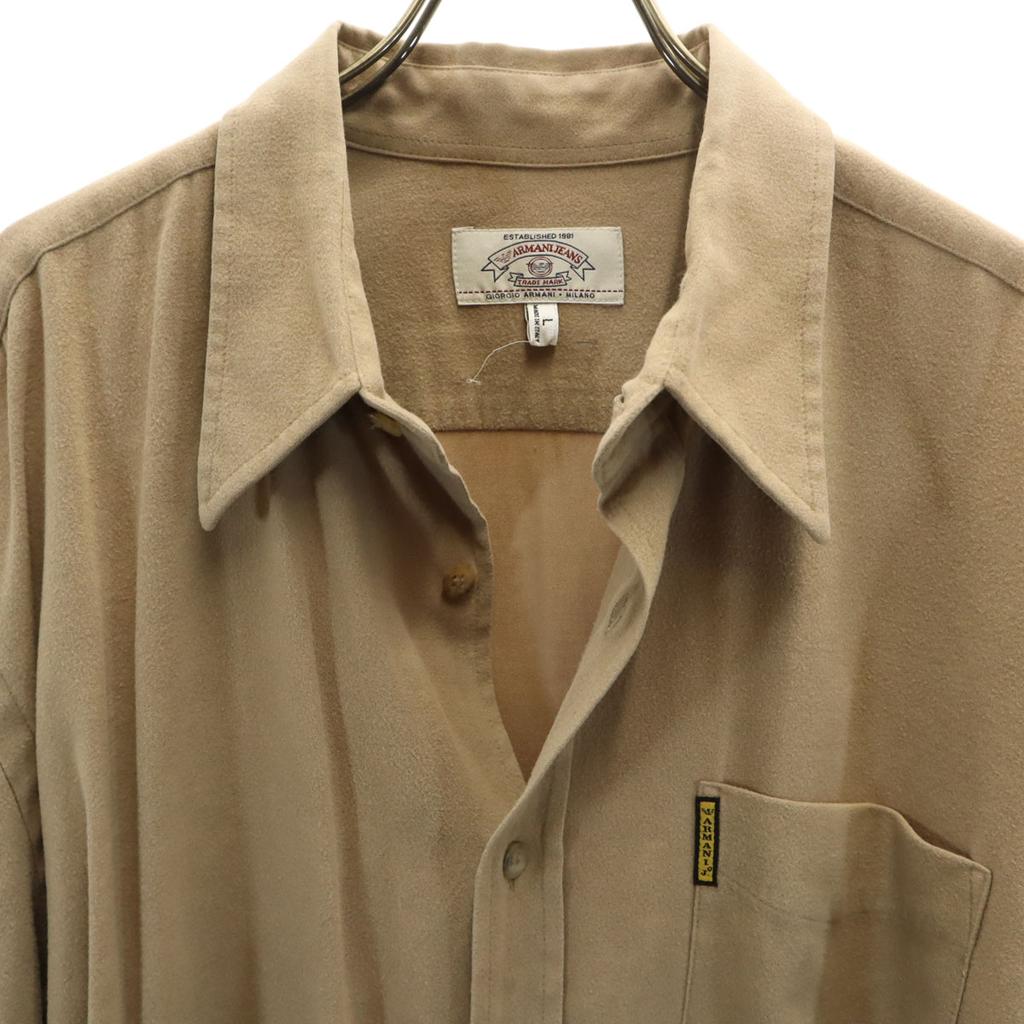 Armani Jeans 90s Made In Italy Old Long Sleeve Flannel Shirt L Beige Men's Used