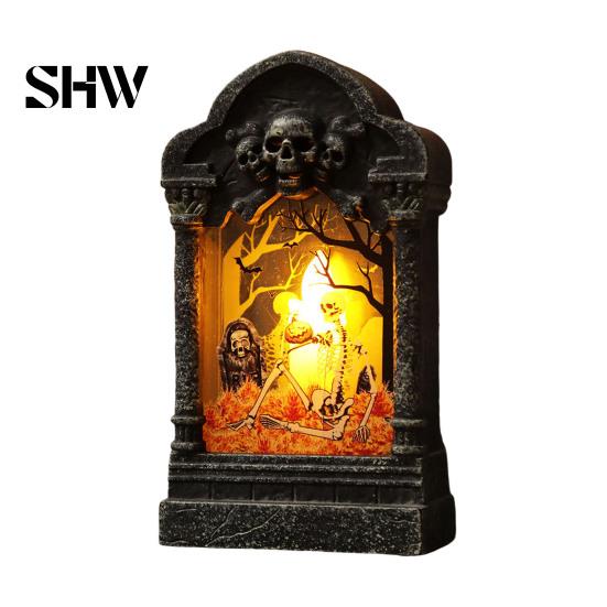 LED Atmosphere Light Tombstone Candle Lantern, Lighted Spooky Graveyard Table Lamp, Halloween Holiday Party Supplies Small Night for Haunted House Bar