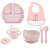 7pcs/set Baby Silicone Tableware Cartoon Printed Bibs Sucker Bowl Plate Cup Spoon Fork Sets Non-slip Children's Dishes BPA Free