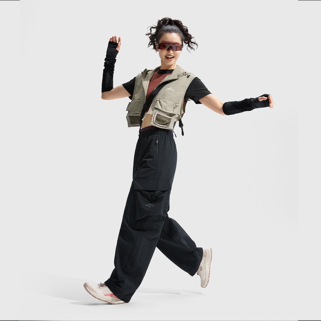 Li Ning Fitness Series Восточный стиль Средняя талия Прямые свободные тканые спортивные повседневные брюки женские брюки черные AYKU744-1