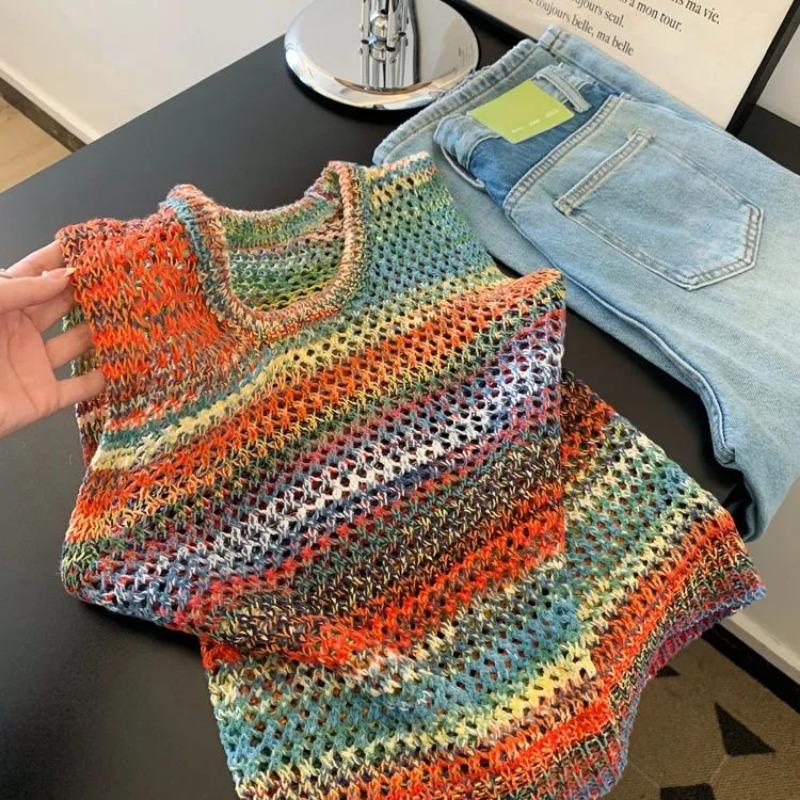 Женский радужный вязаный жилет без рукавов с вырезами
