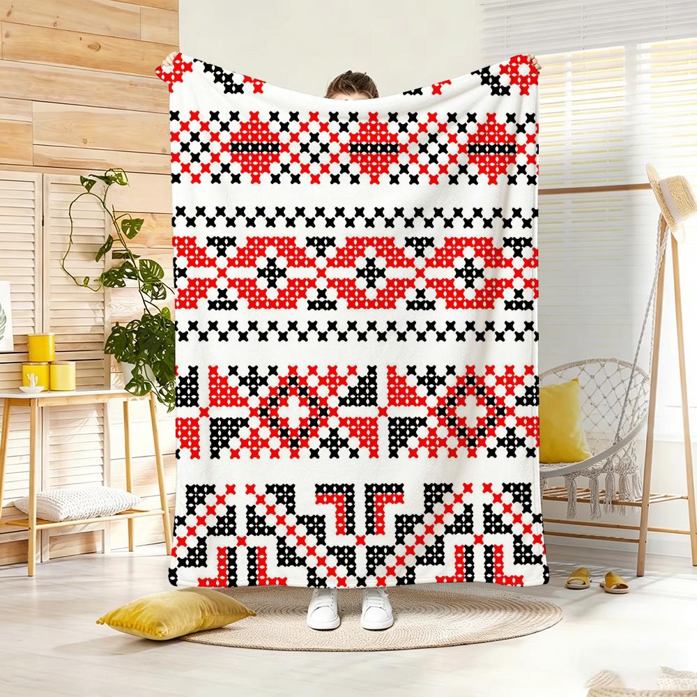 Slavic Traditional Throw Blanket Ethnic Cross Stitch Geometric Pattern Couch Sofa Soft Bedding Quilt Boho Vintage Room Decor