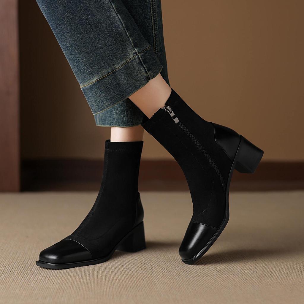 Krazing Pot Микрофибра Флок Квадратный Носок Средний Каблук Эластичные Сапоги Размер 43 Молния Женские Базовый Дизайн Ботильоны