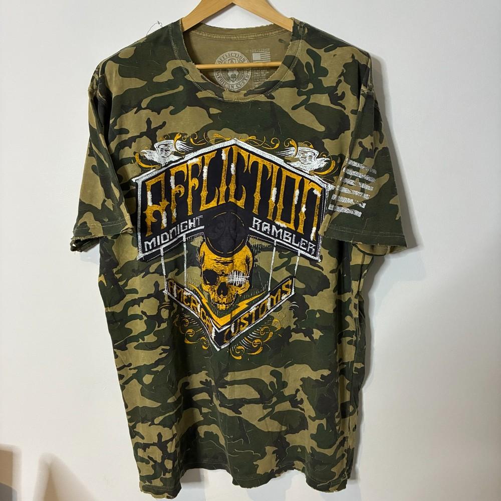 Рубашка Affliction Мужская XXL 2XL Зеленый Камуфляж Потертая Двусторонняя Сделано в США Унисекс Футболка Графическая Футболка