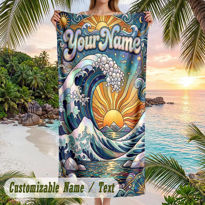 Ocean Waves Sun Theme Quick Dry Beach Towel Custom Name Text Print Large Sand Resistant Towel Beach Vacation
