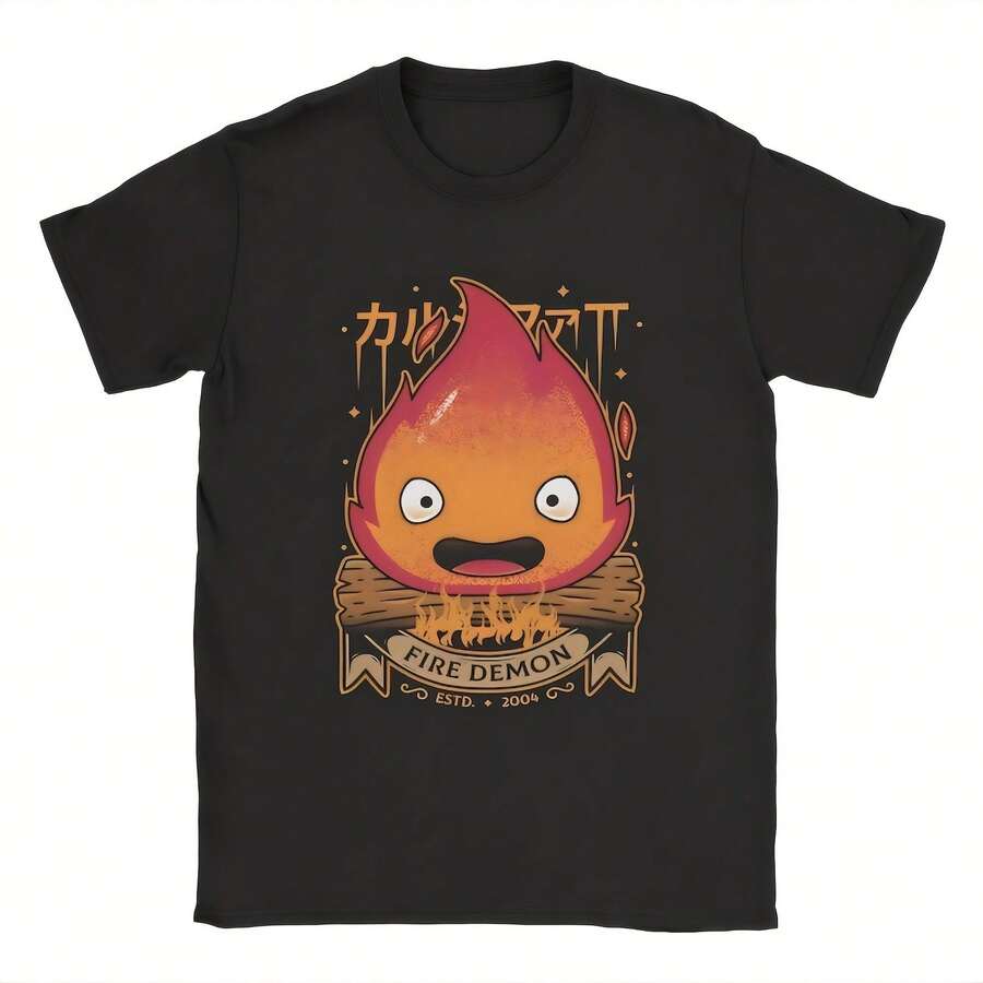 Unisex's Calcifer-Fire-Demon Kalcifer T Shirt Anime Cartoon Cute Pure Cotton Tops Vintage Short Sleeve Tees Graphic Printed T-Shirt