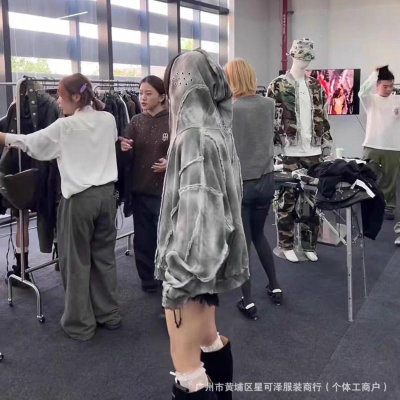 Distressed Oversized Hooded Zip-Up Sweatshirt Streetwear Loose Fit Cotton Pullover Men Fall