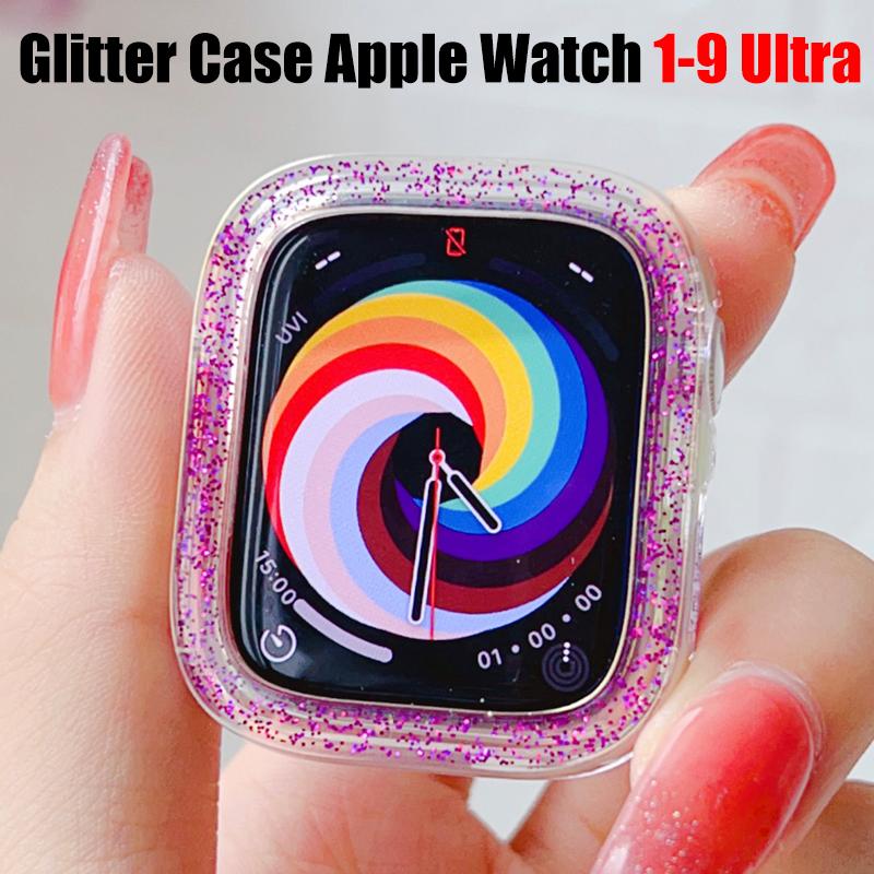 Glitter Clear Case For Apple Watch Series Ultra2 9 8 7 5 6 SE Ultra Bling Bumper Protect Cover For iWatch 41 45 49 44 40 42 38mm