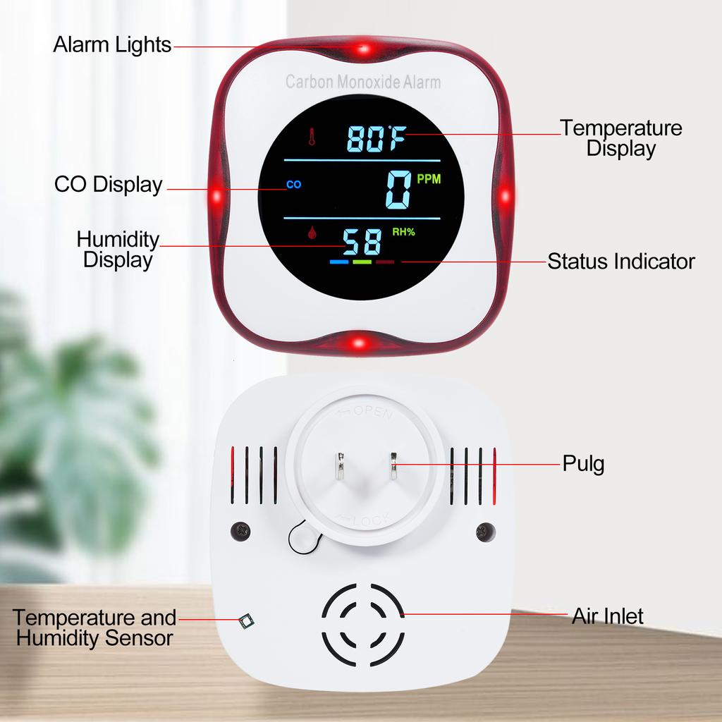 Carbon Monoxide Detectors Plug In Wall 3in1 CO Detector Humidity Temperature Meter with LCD