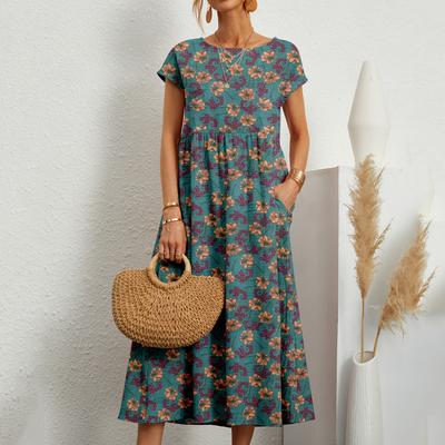 Новое модное свободное повседневное платье с цветочным принтом и коротким рукавом, женское летнее платье с круглым вырезом и принтом в стиле ретро, элегантное женское платье для отпуска больших размеров 26316