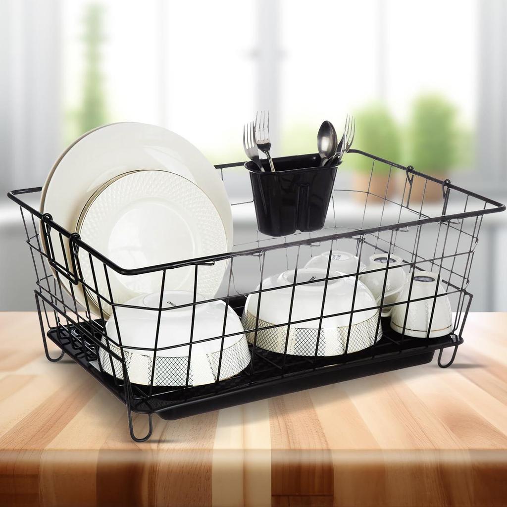 Люксовая черная стальная сушилка для посуды из нержавеющей стали с поддоном для слива, съемная подставка для столовых приборов | Подставка-корзина для сушки тарелок (черный), 55.3 x 37 x 23 см