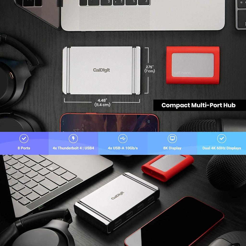 CalDigit Thunderbolt 4 Element Hub Universal 4x Thunderbolt 4x USB Gen2 один дисплей до 8K или два 4K 60 Гц 60 Вт зарядка с кабелем - многопортовый
