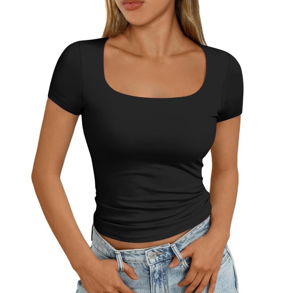 Женская мода повседневная узкая рубашка с коротким рукавом и квадратным вырезом, верхняя одежда, топы