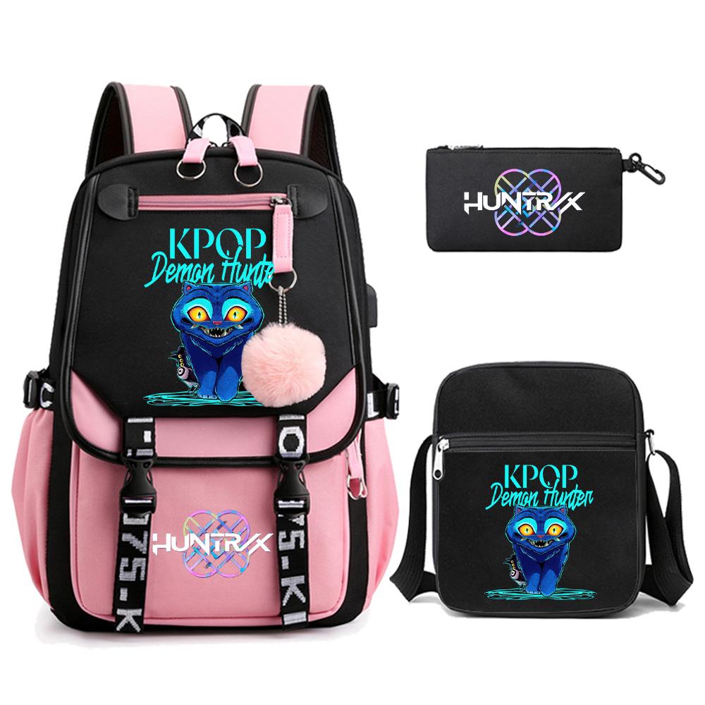 3Pcs/set Anime Cute Kpop Demon Hunters Printed Backpack with Shoulder Bag Pencil Case for Teenager Girl Boy Bookbag Large Capacity Travel Bag Kid Gift