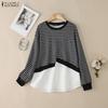 Women Casual Round Neck Long Sleeve Stripe Patchwork Pullover Tops