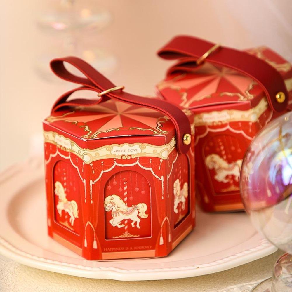 Leather Handle Carousel Gift Box Wedding Handheld Gift Bag Fashion Wedding with Hand Gift