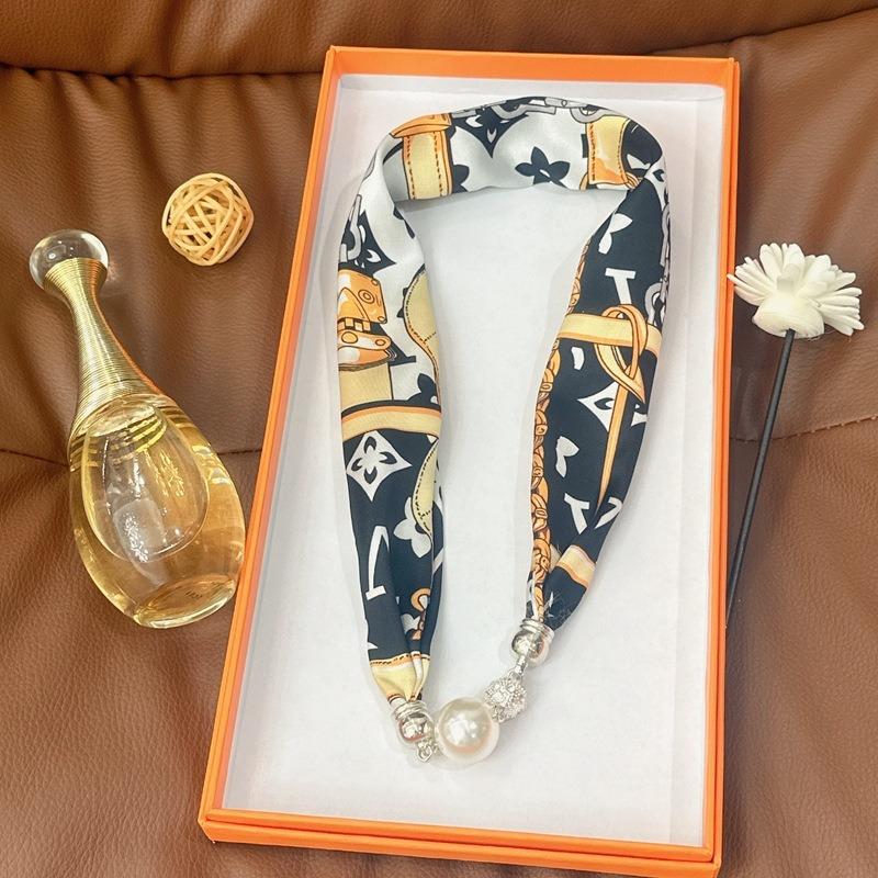 Silk Scarf Women's Spring, Autumn and Summer New Fashion Neck Protection Decoration Long Necklace Type Magnetic Buckle Scarf Small Scarf