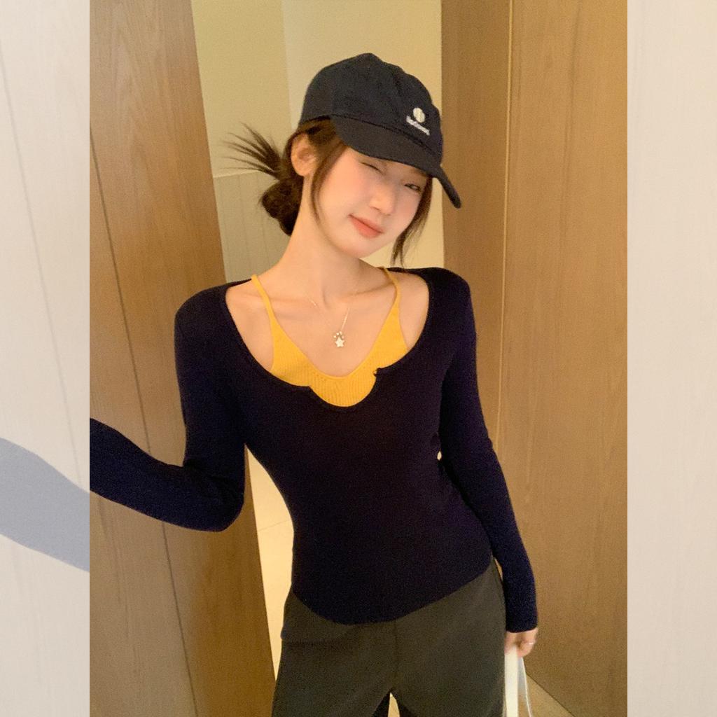 Korean contrasting color splicing fake two-piece long-sleeved knitted sweater women's autumn design sense slim-fitting inner backing top