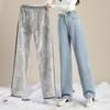 Women Winter Jeans High Waist Button Zipper Closure Thick Velvet-lined Loose Fit Pockets Straight Wide Leg Streetwear Pants Daily Wear Long Trousers