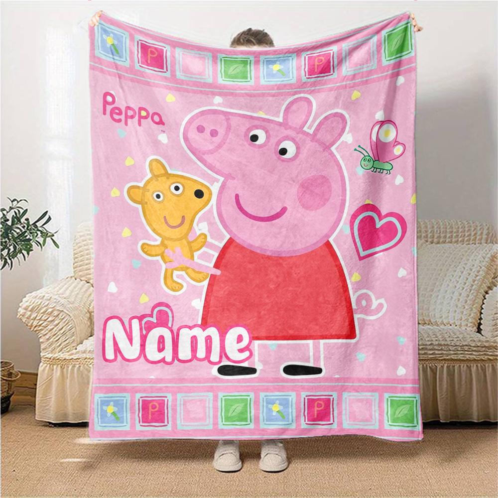 Custom Name Peppa Pig'S Heartful Adventure Party Blanket For Couch Bed Plush Cozy Fuzzy Blanket Super Soft Warm Blankets For Fall And Winter 0916107