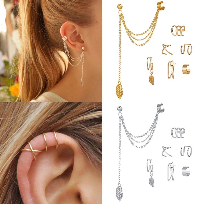 Модные серьги-клипсы со звездами и листьями для женщин, простые серьги-клипсы с искусственным хрящом, ювелирные изделия, клипсы, аксессуары