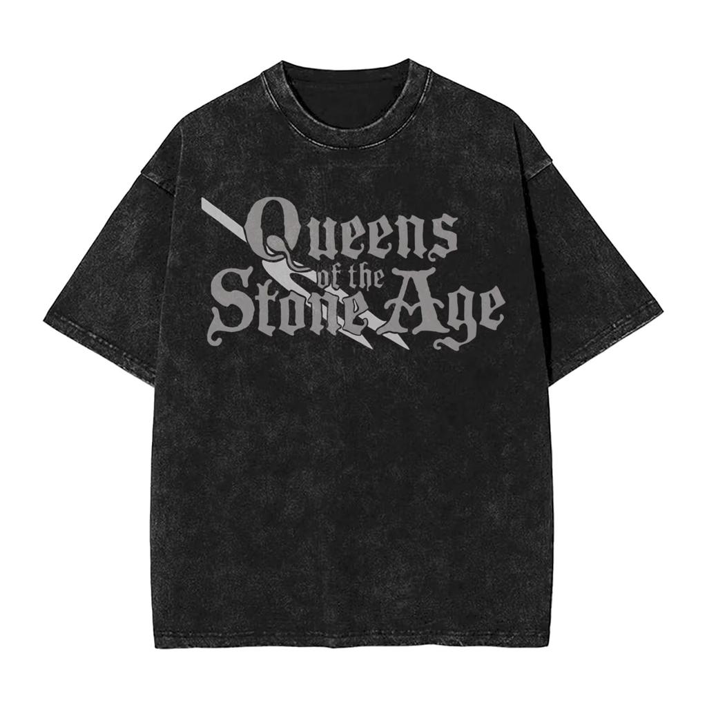 Retro Queen of The Stone Age Band Men's T Shirt Washed Humor Tees Short Sleeve Round Collar T-Shirt Pure Cotton Clothes