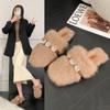Closed-Toe Rhinestone Rabbit Fur Mule Slippers for Women, Trendy 2025 Outdoor Style