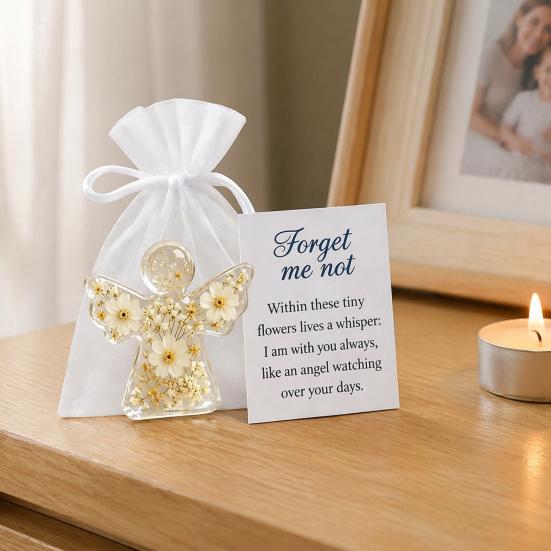 Handmade Floral Angel Ornament Forget Me Not Dried Flower Keepsake, Mini Acrylic Pocket Hug Figurine, Forget-me-not Memory Token Memorial Comfort