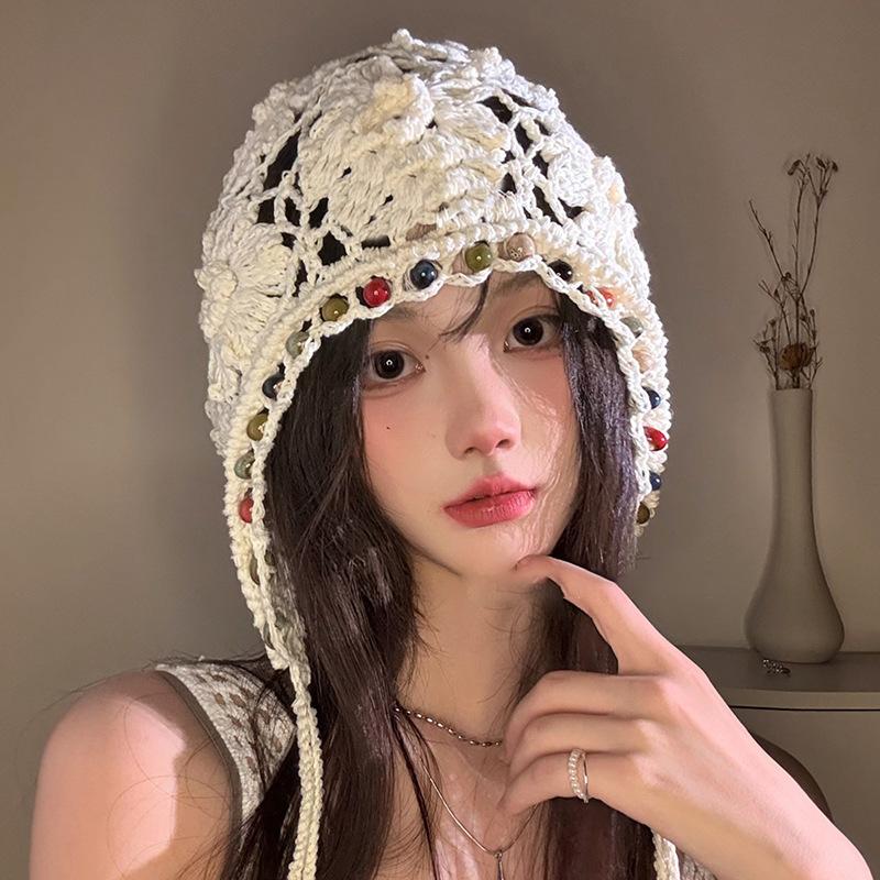Ethnic Style Crochet Beaded Pullover Hat Children Summer And Autumn Fringed Strap Knitted Hat Retro Literary Hollow Head Hat