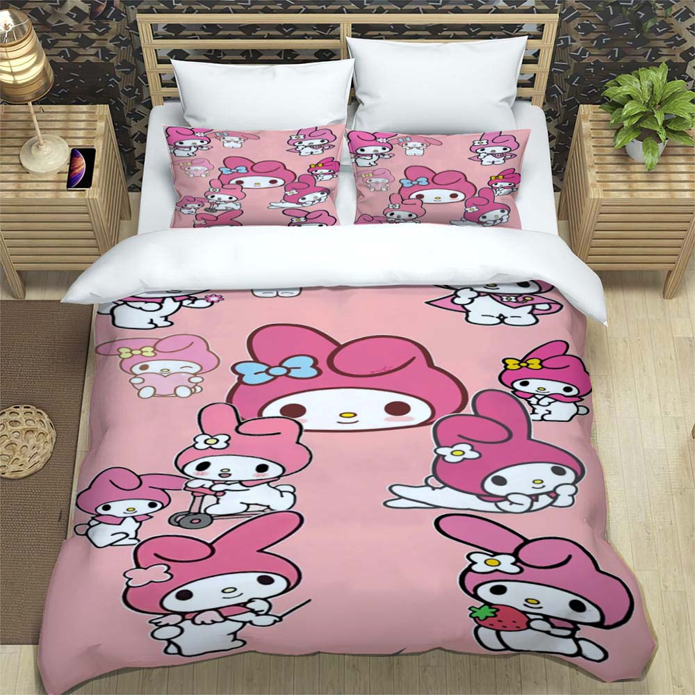 The My Melody cartoon-patterned three-piece bedding set, including a duvet cover and two pillowcases, is the perfect choice for