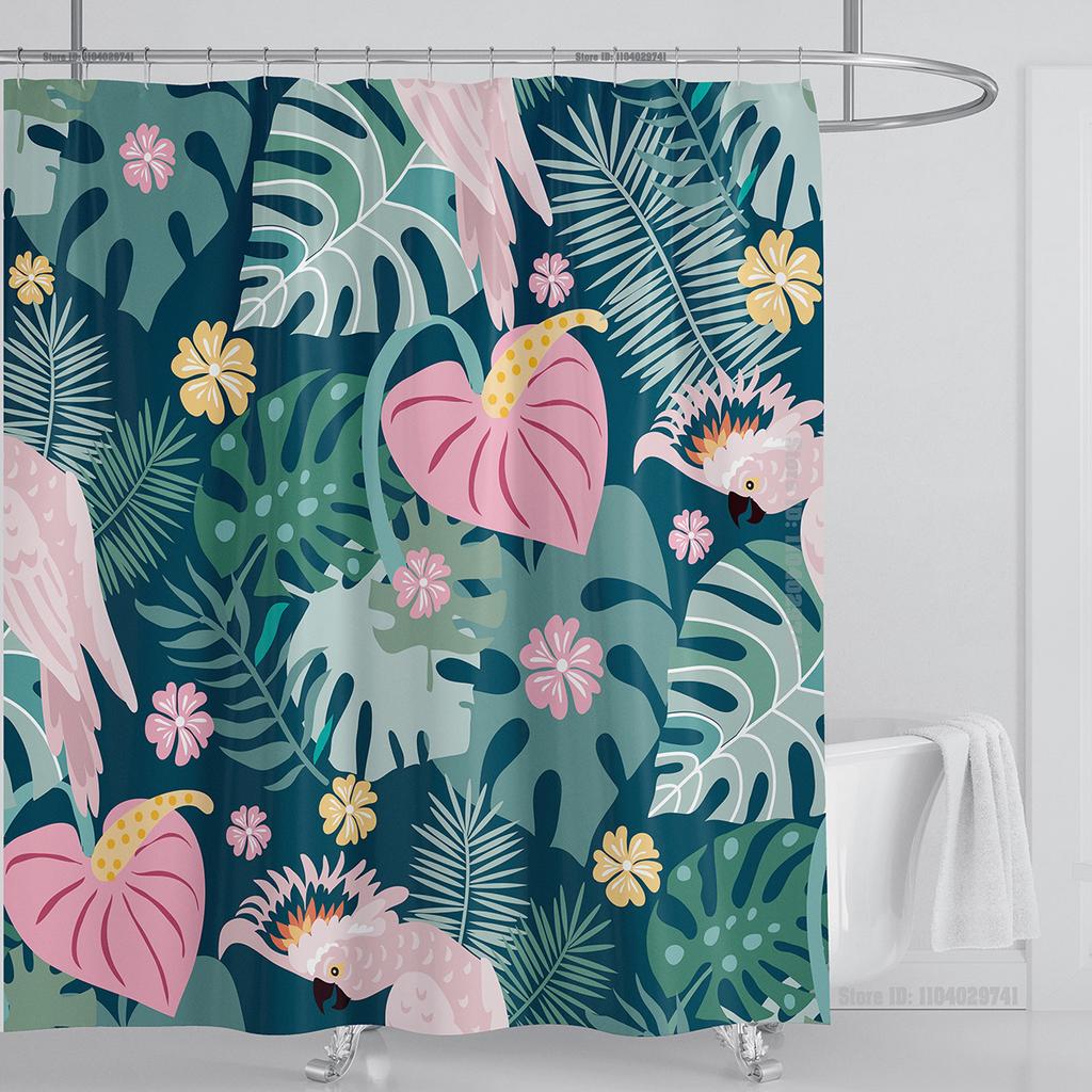 Занавеска для душа в стиле бохо, тропические джунгли, дикая природа, набор для ванной комнаты, современная розовая, эстетическая, попугай, цветочная, занавеска для ванной с крючками