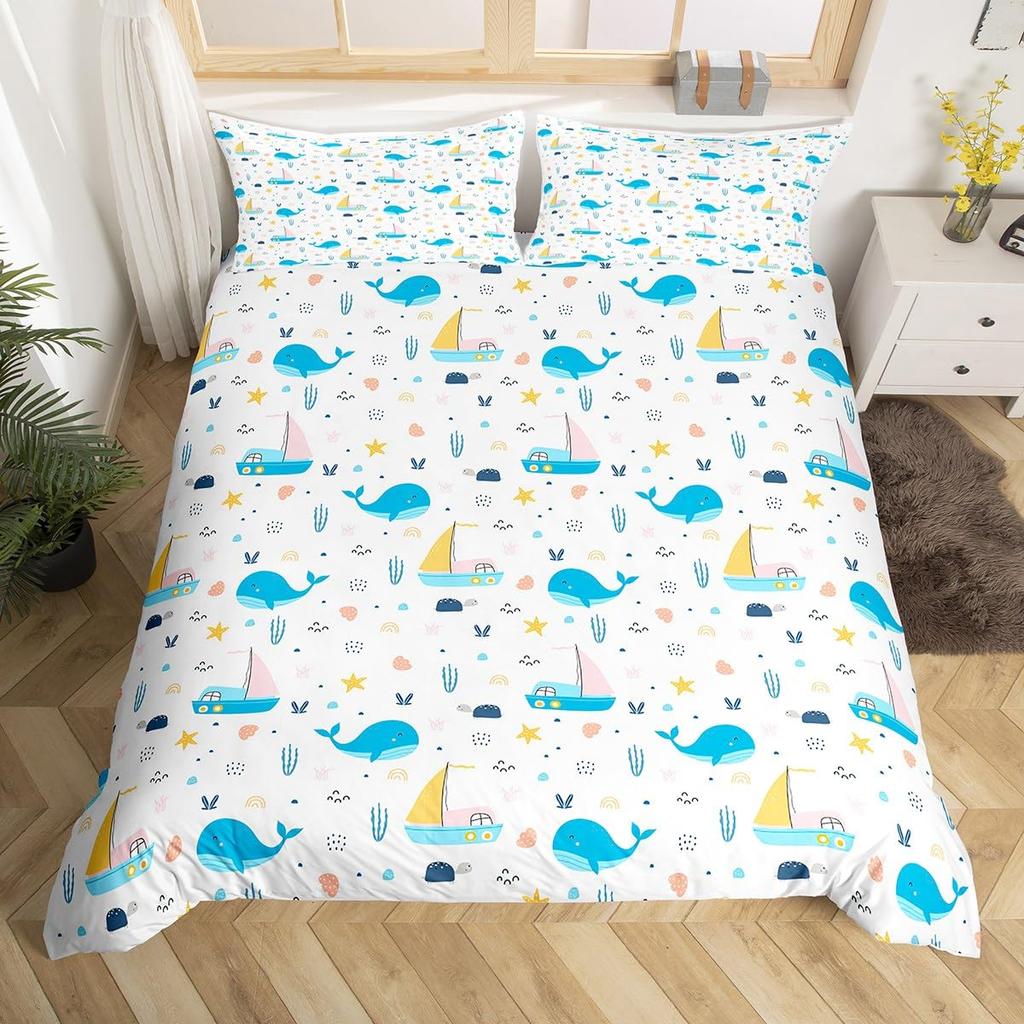 Blue Sea Whale Duvet Cover King Full Cartoon Ocean Animal Kids Bedding Set Coastal Beach Comforter Cover Ocean Waves Quilt Cover